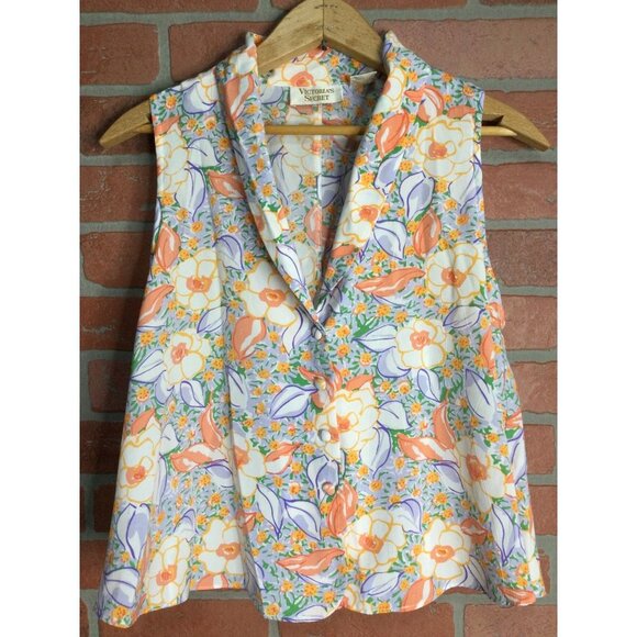 Vintage Victoria Secret womens top M sleeveless floral button front gold label - Picture 1 of 5